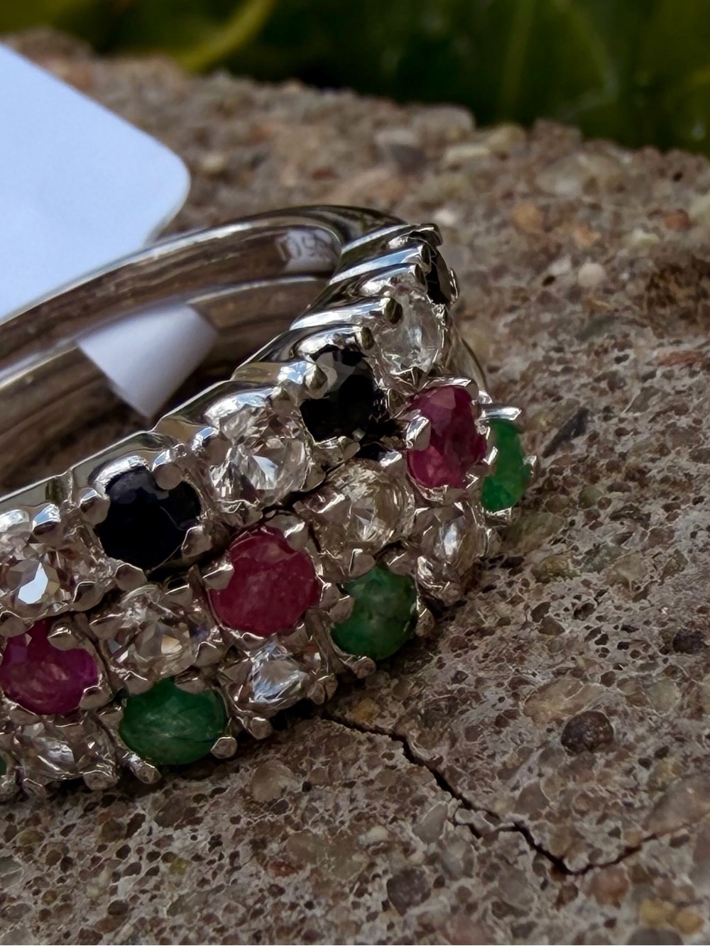 14K White Gold Over 925 Silver Multi Gemstone Ring Sapphire Emerald Ruby & Topaz - Picture 13 of 13